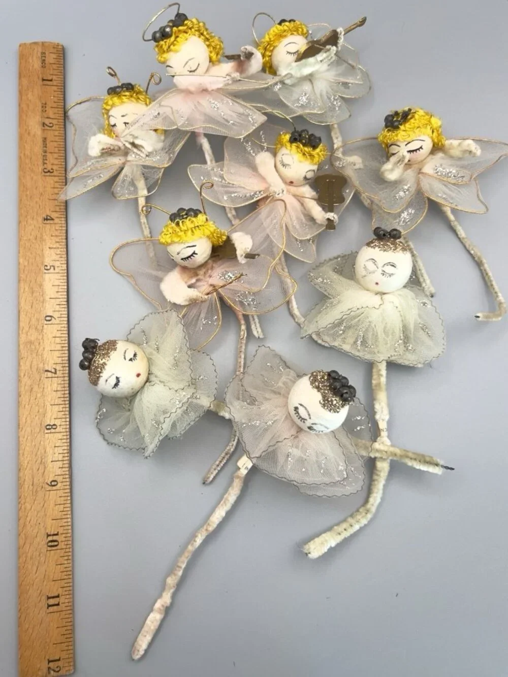 Vintage Spun Cotton Angel Ornaments Lot 8 Mid Century Japan Tulle Chenille MCM